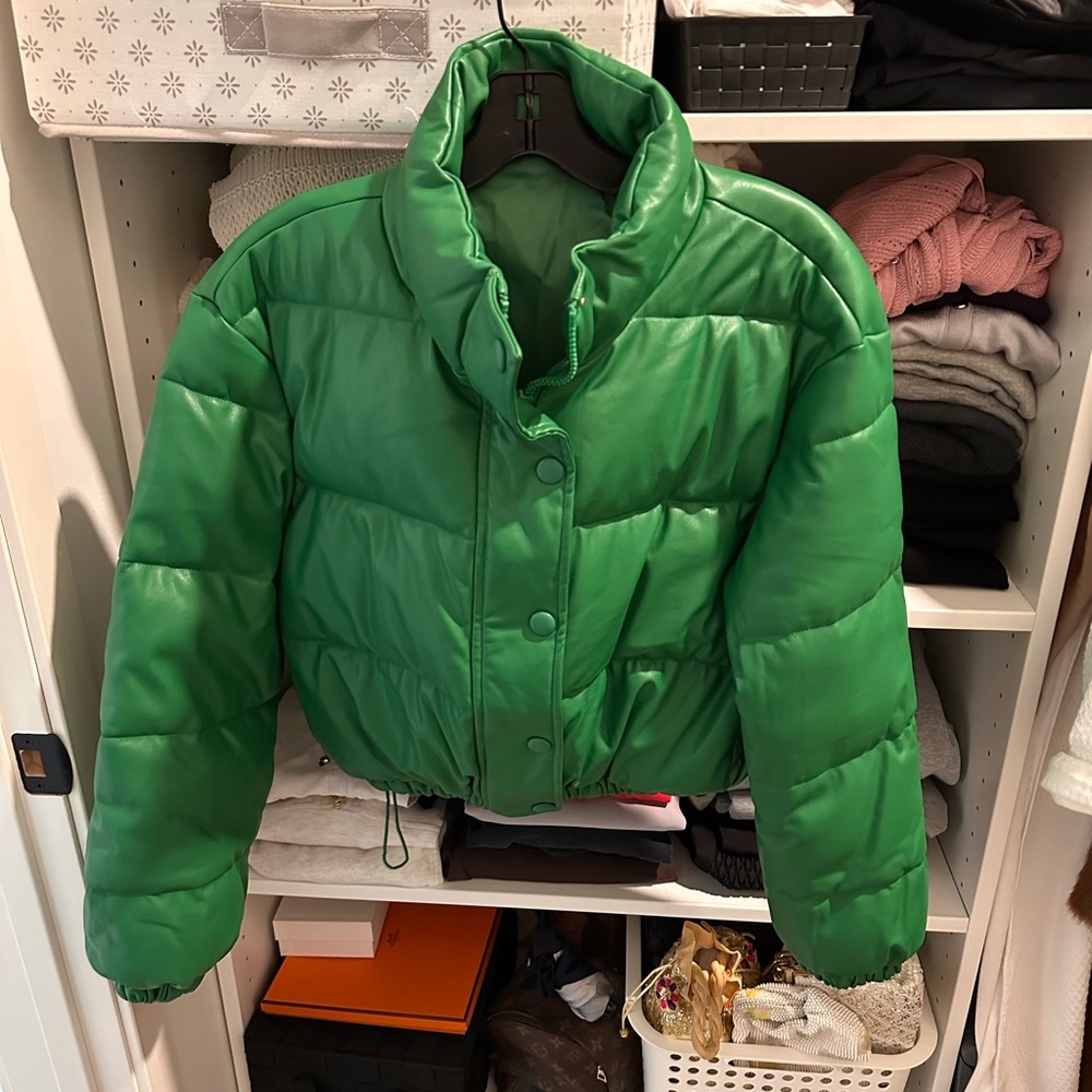 Green Cropped Faux Leather Puffer Jacket XS